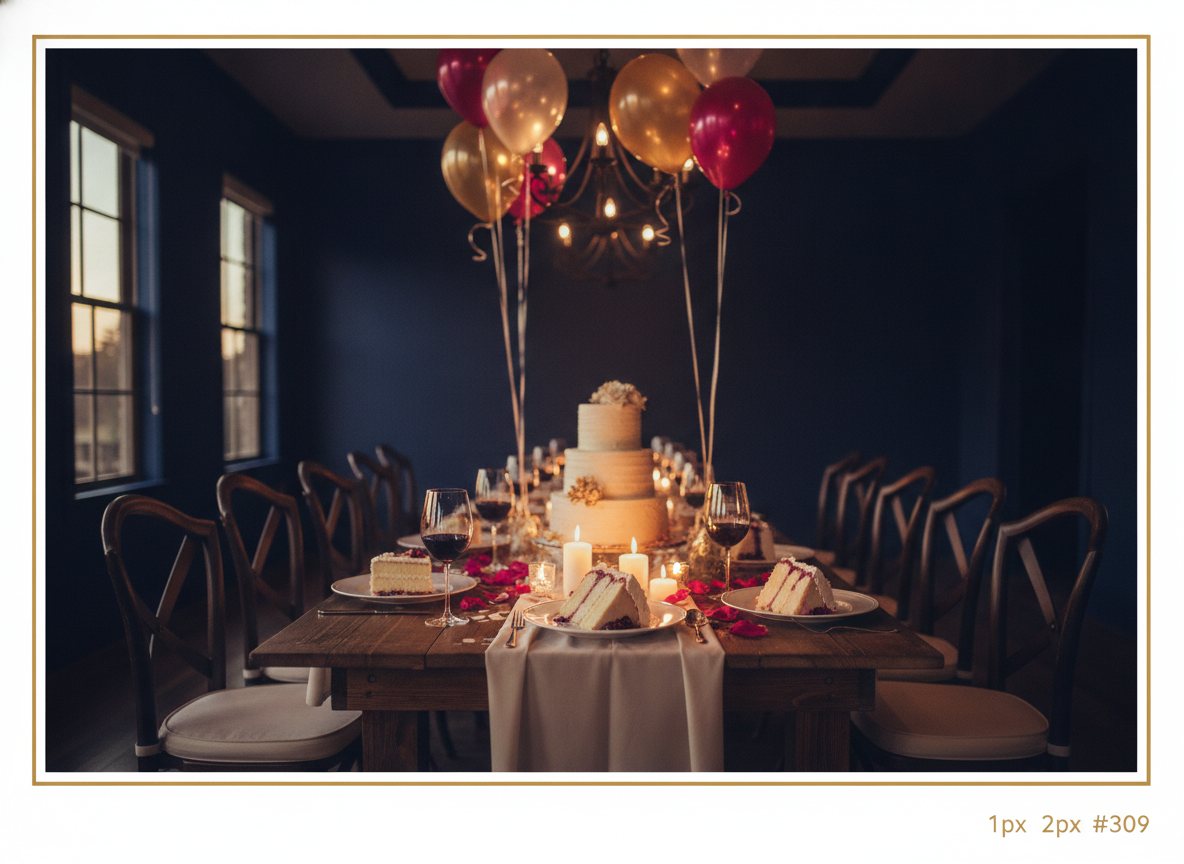 The same celebration at dusk with the party underway — candles lit down the runner, glasses half full and catching flame light, a cut cake with two plates pulled aside, a balloon cluster glowing above the edge of frame, chairs pushed back at angles; warm low light against a navy-dark room