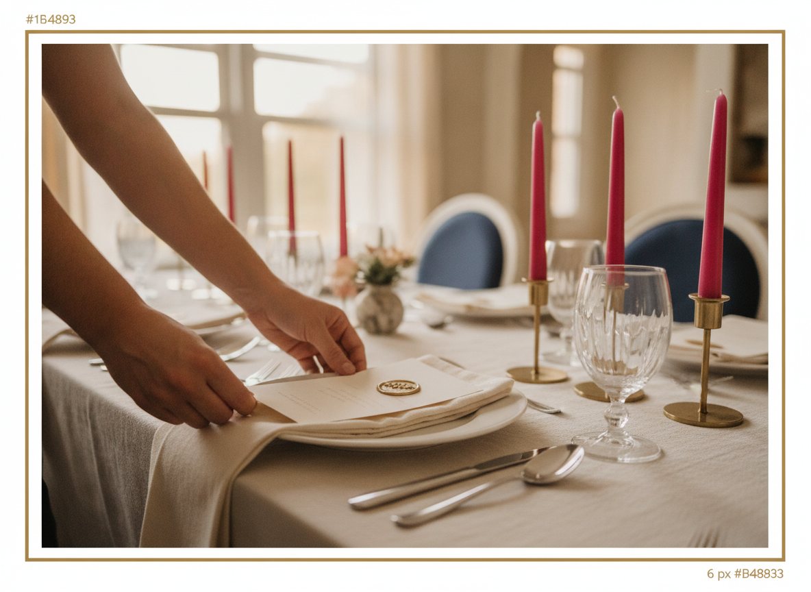 A stylist's hands setting the last detail on a party table — straightening a napkin under a menu card and nudging a candle into line, glassware and cutlery already placed, warm window light, room softly out of focus behind